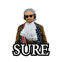a man wearing headphones waves his hand in front of a sure sign