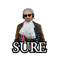 a man wearing headphones waves his hand in front of a sure sign