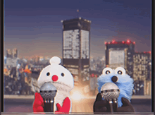 two sesame street characters holding microphones in front of the twin towers