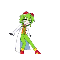 a cartoon drawing of a girl with green hair and a white coat