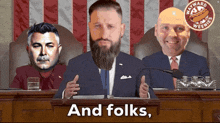a man with a beard is giving a speech in front of two other men and the words and folks on the bottom