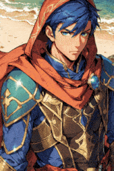 a drawing of a man with blue hair wearing a red cape