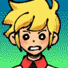 a cartoon of a boy with yellow hair and a red shirt