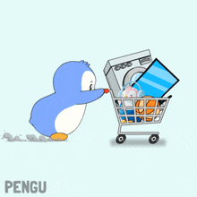 a penguin is pushing a shopping cart with a washing machine inside of it