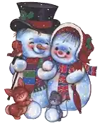 a couple of snowmen standing next to each other with a mouse and a squirrel .