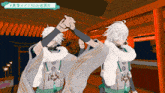 two anime characters are dancing in a room with chinese writing on the bottom