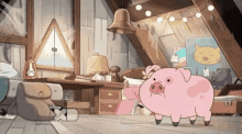 a pink pig from gravity falls is standing in an attic .