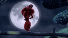 a cartoon character standing on a fence looking at the full moon