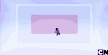 a cartoon character is standing in front of a large purple object .