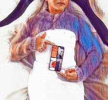 a painting of a woman holding a cell phone with a picture of a man on it