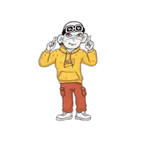 a cartoon monkey wearing a yellow hoodie and red pants is making a peace sign .
