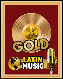 a gold latin music poster with a microphone and a record