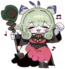 a cartoon drawing of a girl holding a cane with a music note above her head