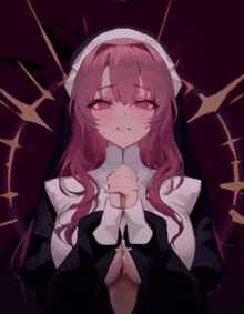 a drawing of a nun with pink hair praying