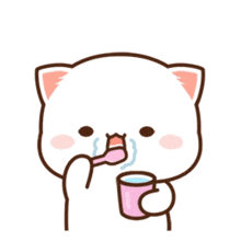 a cartoon cat is drinking water from a cup with a spoon in its mouth .