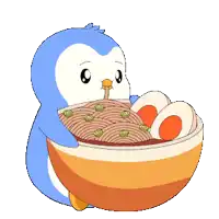 a penguin is holding a bowl of noodles with eggs in it