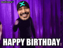 a purple background with a man 's face and the words " happy birthday "