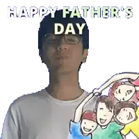 a man with glasses says happy father 's day in front of a group of children