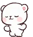 a white teddy bear with pink cheeks is standing with its eyes closed and arms outstretched .