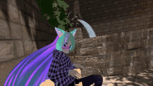 a cartoon character with purple and blue hair is sitting in front of a stone wall