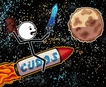 a stick figure is holding a sword while riding a rocket with the word cup33 on it