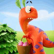a cartoon dinosaur is holding a basket full of pink eggs