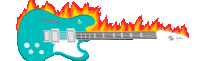 a blue electric guitar with flames behind it