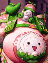 a cartoon character with a peach on his belly and the word pacman on his chest
