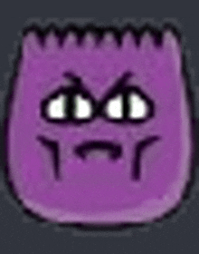 a purple cartoon character with a very angry face on it .
