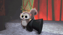 a cartoon squirrel stands next to a top hat