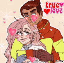 a cartoon of a man and a woman hugging with the words true love in the background
