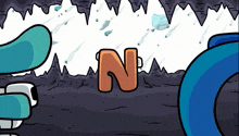 a cartoon drawing of a cave with the letter n in orange