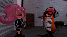two cartoon characters standing next to each other with one wearing a shirt that says ' squid girl '