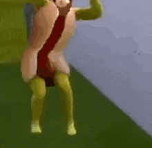 a cartoon character in a yellow suit is sitting in a room next to a wall with a hole in it