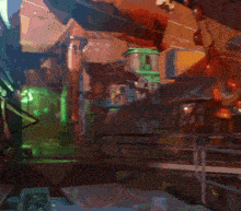 a man in a mask is standing in front of a neon sign that says " exit "