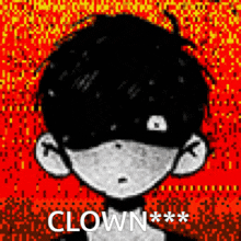 a black and white drawing of a clown with a red background