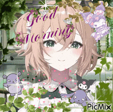 a picture of a girl with the words " good morning " on it