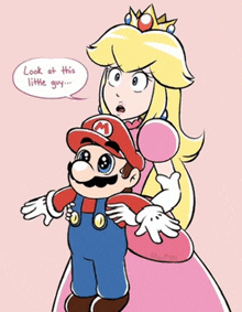 a cartoon of princess peach holding a little mario