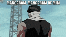 a man with bandages on his face is standing in front of a crane and says mangaram mangaram de mim .