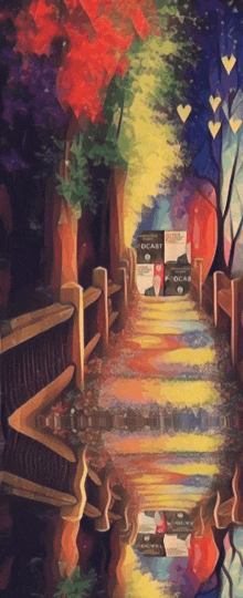 a painting of a bridge with a reflection of the bridge in the water and boxes of ocast