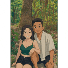 a man and a woman are sitting on a rock in the woods .