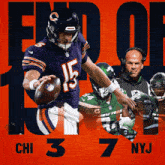 a bears player with the number 15 on his jersey is holding a football