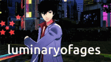 a man in a suit is standing in front of a sign that says luminaryofaces