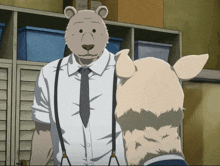 a man wearing suspenders and a teddy bear mask stands next to a pig
