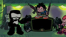 a cartoon of a boy holding a gun with the letter a on it