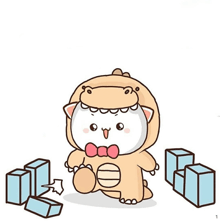 a cartoon of a cat in a dinosaur costume playing with blocks