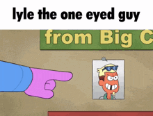 lyle the one eyed guy from big c is pointing at a picture of him