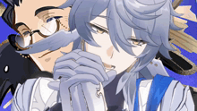 a drawing of a man with glasses and a girl with gray hair holding a can of soda
