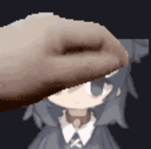a pixel art of a person holding a piece of bread over a girl 's head .