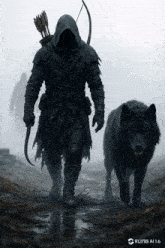 a painting of a man with a bow and arrow and a wolf by kling ai